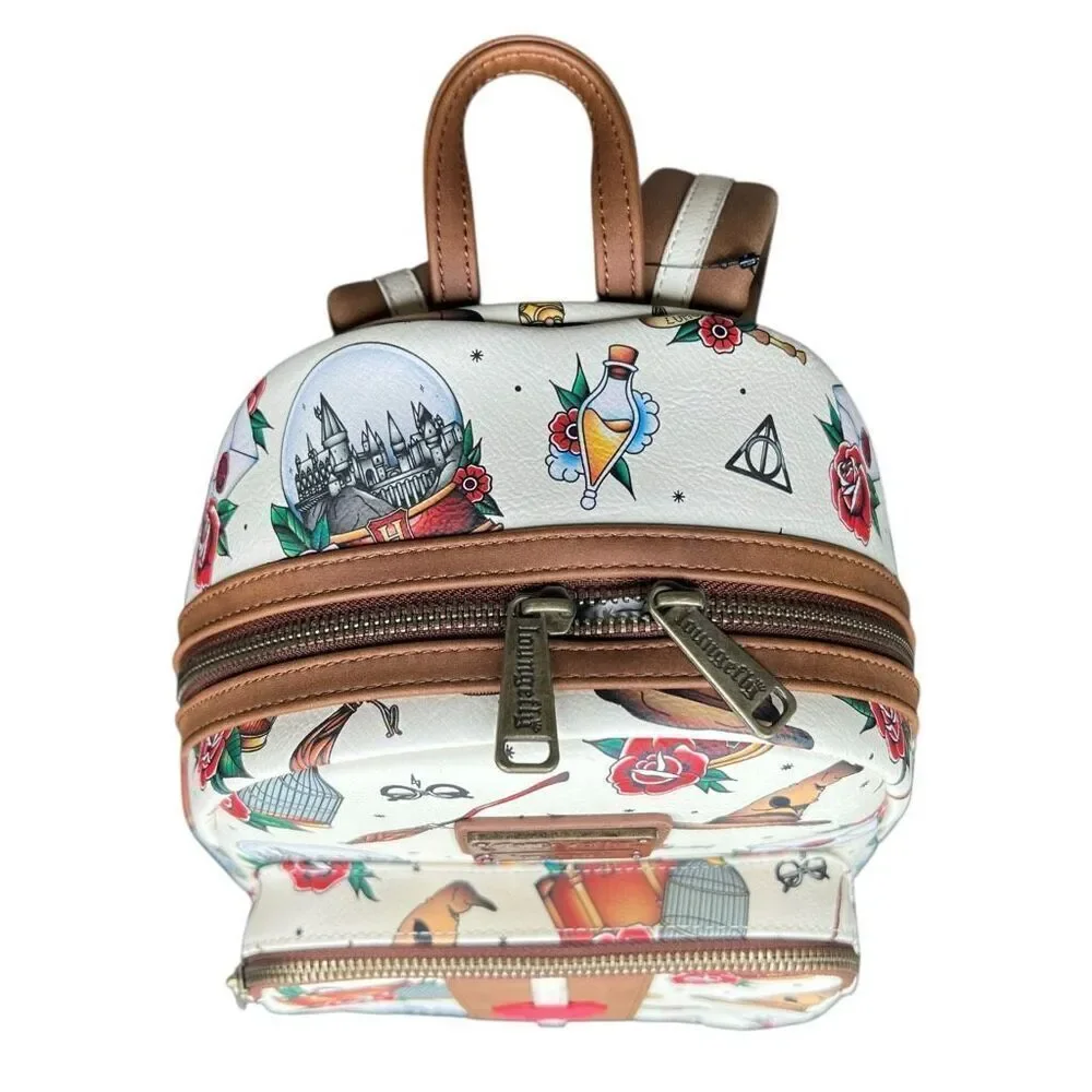 NEW Loungefly Harry Potter Tattoo Art Cream Double Strap Shoulder Backpack